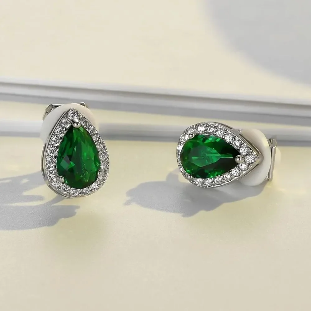 Silver with Emerald and Diamond Cubic Zirconia Teardrop Stud Clip On Earrings